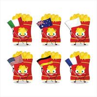 Potato chips cartoon character bring the flags of various countries vector