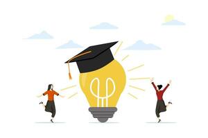 Studying and acquiring new knowledge to create innovation, developing intelligence and logic to discover new opportunities, education and training, woman standing near light bulb in academic hat. vector