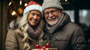 A Happy Senior Couple Holds A Wrapped Christmas Gift Outdoors in a light Snowfall. Generative AI. photo