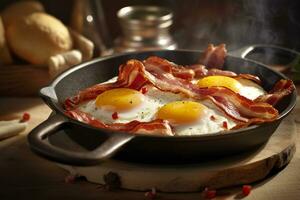 Bacon and eggs in a pan. Composition with tasty fried eggs and bacon on wooden table. AI Generative photo