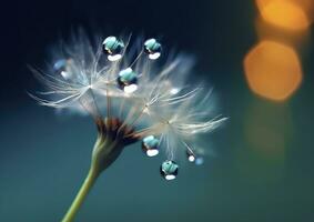 Beautiful dew drops on a dandelion seed macro. Beautiful blue background. Generative AI photo