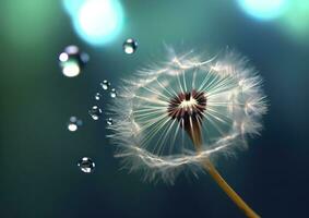 Beautiful dew drops on a dandelion seed macro. Beautiful blue background. Generative AI photo