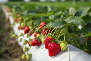 Bush of ripe organic strawberries in the garden. Berry closeup. Generative AI photo