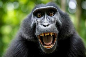 Celebes crested macaque with open mouth. Close up on the green natural background. Generative AI photo