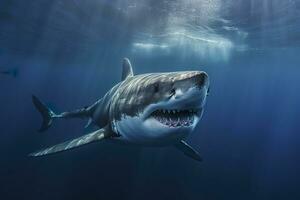 el Rey de el océano, el genial blanco masculino tiburón cazador submarino vista, guadalupe isla, México. ai generativo foto