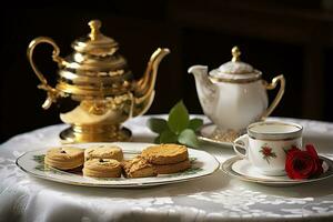 Classical served tea table with biscuits. Generative AI photo