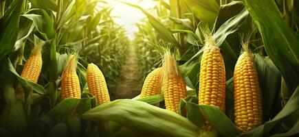 Closeup corn cobs in corn plantation field. Generative AI photo