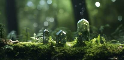 Crystals with moon phases image of moss in a mysterious forest, natural background. Generative AI photo