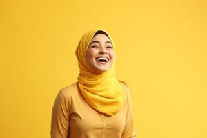 Portrait of beautiful young muslim woman with hijab on color background photo