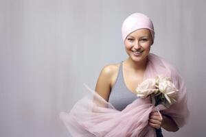 portrait of a woman with a headscarf and flowers. world cancer day photo