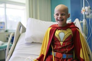 Little boy dressed like a superhero in hospital room. Happy child with hero costume photo