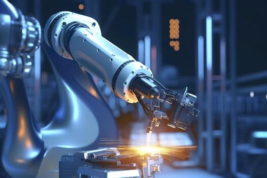 Arm robot working with Screen monitor control industrial machine robot arm line. Generative AI photo