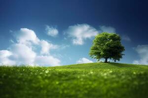 Green field and tree on blue sky. AI Generative photo