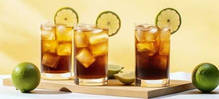 Glasses of tasty Long Island iced tea on light background. AI Generative photo