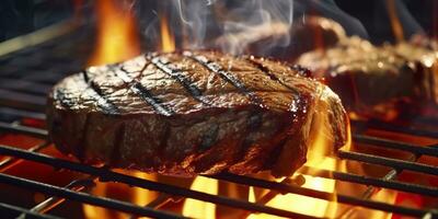 Beef ribeye steak grilling on a flaming grill. Generative AI photo