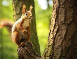 Beautiful squirrel on a tree in a forest park in the summer. Generative AI photo