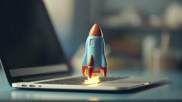 A small rocket takes off from a Laptop with vibrant color combinations in light sky blue and light gray colors for a website, business, and financial success concepts.  AI Generative photo