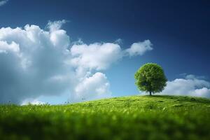 Green field and tree on blue sky. AI Generative photo