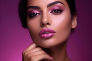 retrato de hermosa mujer con brillante maquillaje y rosado labios foto