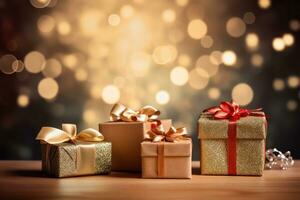 Gift boxes on bokeh background. Christmas and New Year concept. photo