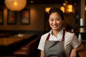 Portrait of a beautiful young asian waitress standing in a restaurant photo