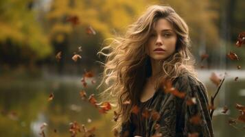 Portrait of a beautiful young woman in autumn park. Soft focus. photo
