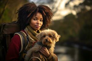 retrato de un africano americano mujer de viaje con su perro foto