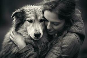 Beautiful young woman hugging her dog. Black and white photo. photo