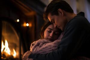 Couple in front of fireplace at night. Young man and woman in love embracing and looking at each other photo