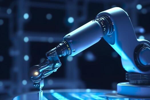 Arm robot working with Screen monitor control industrial machine robot arm line. Generative AI photo