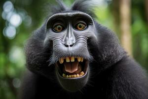 Celebes crested macaque with open mouth. Close up on the green natural background. Generative AI photo