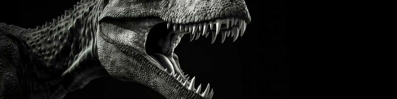 Black and white photorealistic studio portrait of a Tyrannosaurus Rex on black background. Generative AI photo