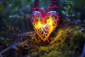 Glowing bioluminescent plant shaped like a human heart, in a mysterious forest. Generative AI photo