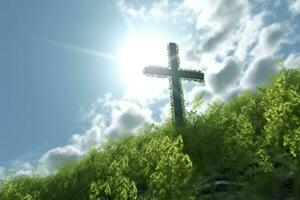 The cross of God with green Leaf, in the rays of the sun and blue sky. Cross on the hill with green trees and graeen natural view. Religious concept, AI Generative photo