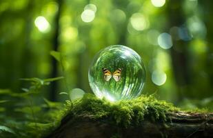 Butterfly and Crystal ball on a tree stump in the forest, natural green background. Generative AI photo