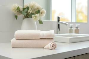 the world's softest towels against a minimalistic background. Stacked white towels sit on top of a soap dish in a bathroom. AI Generative photo