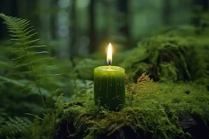 Burning candle on moss, dark green blurred the natural background. Magic candle. Generative AI photo