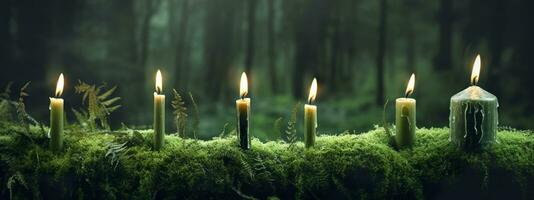 Burning candles on moss, dark green blurred the natural background. Magic candle. Generative AI photo