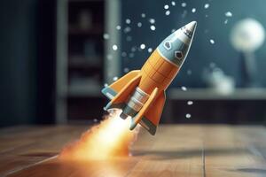 Toy rocket takes off business and finances success concept. AI Generative photo