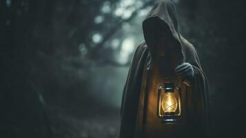 A hooded figure with a lantern searching for something. Generative AI photo