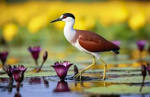 Colorful African wader with long toes next to violet water lily in water. Generative AI photo