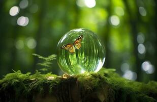 Butterfly and Crystal ball on a tree stump in the forest, natural green background. Generative AI photo