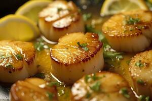 Closeup of pan seared diver scallops with lemon beurre blanc. Generative AI photo