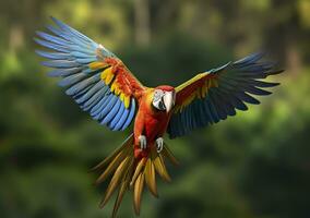 Flying macaw, beautiful bird. Generative AI photo