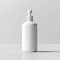 Cosmetic rounded all white soap bottle mockup on white table. AI Generative photo