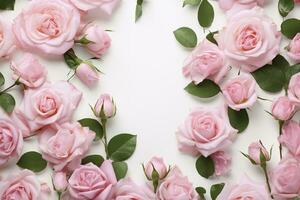 Close up of blooming pink roses flowers and petals isolated on white table background. Floral frame composition. Decorative web banner. Empty space, flat lay, top view. AI Generative photo