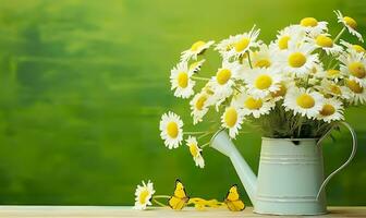 Chamomile flowers bouquet in watering can and butterfly on the table in the garden. Generative AI photo