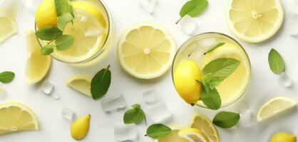 Lemonade in a glass with fresh lemons and mint. Cold summer drink with copy space. Generative AI photo