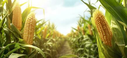 Closeup corn cobs in corn plantation field. Generative AI photo