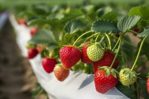 Bush of ripe organic strawberries in the garden. Berry closeup. Generative AI photo